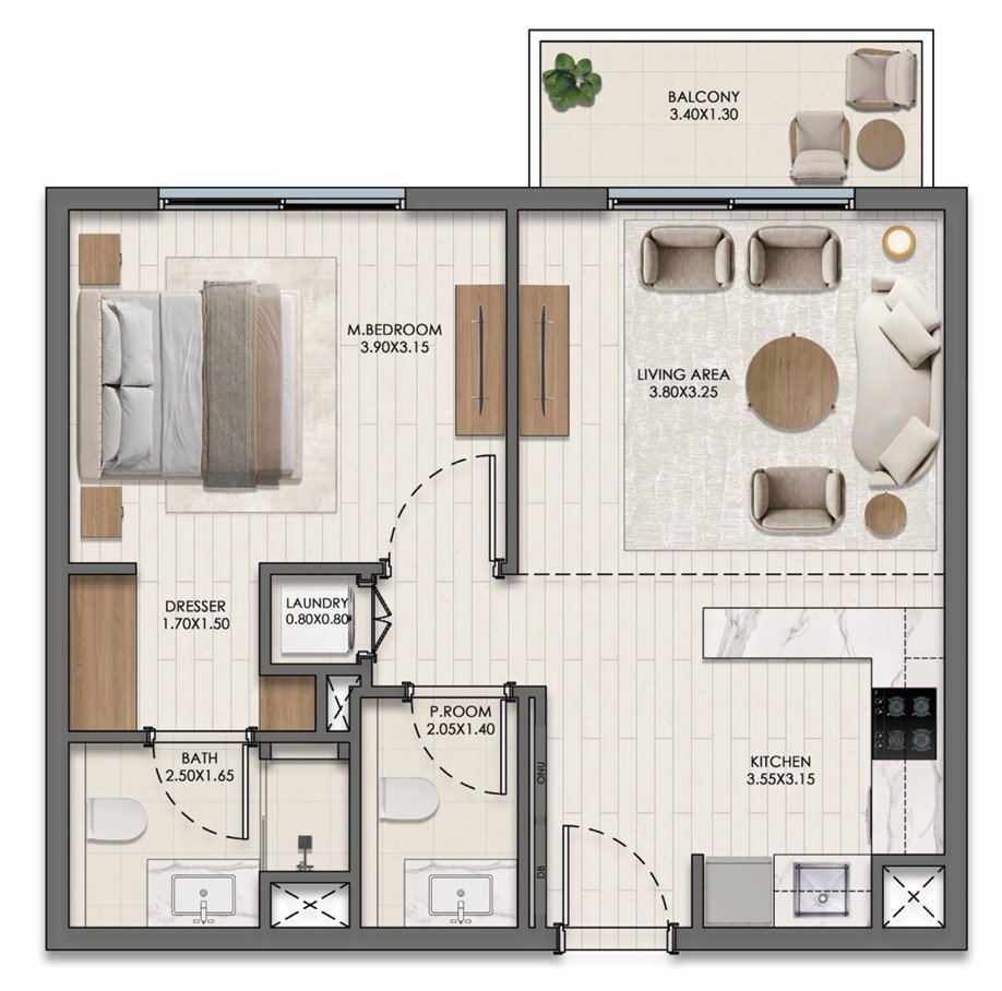 1-BR Apartments EVELYN on the Park floor plan