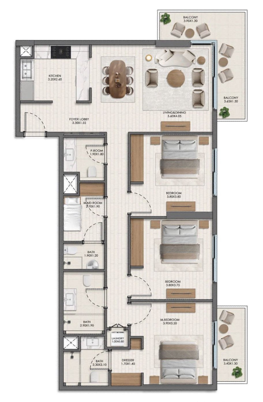 3-BR Apartments EVELYN on the Park floor plan