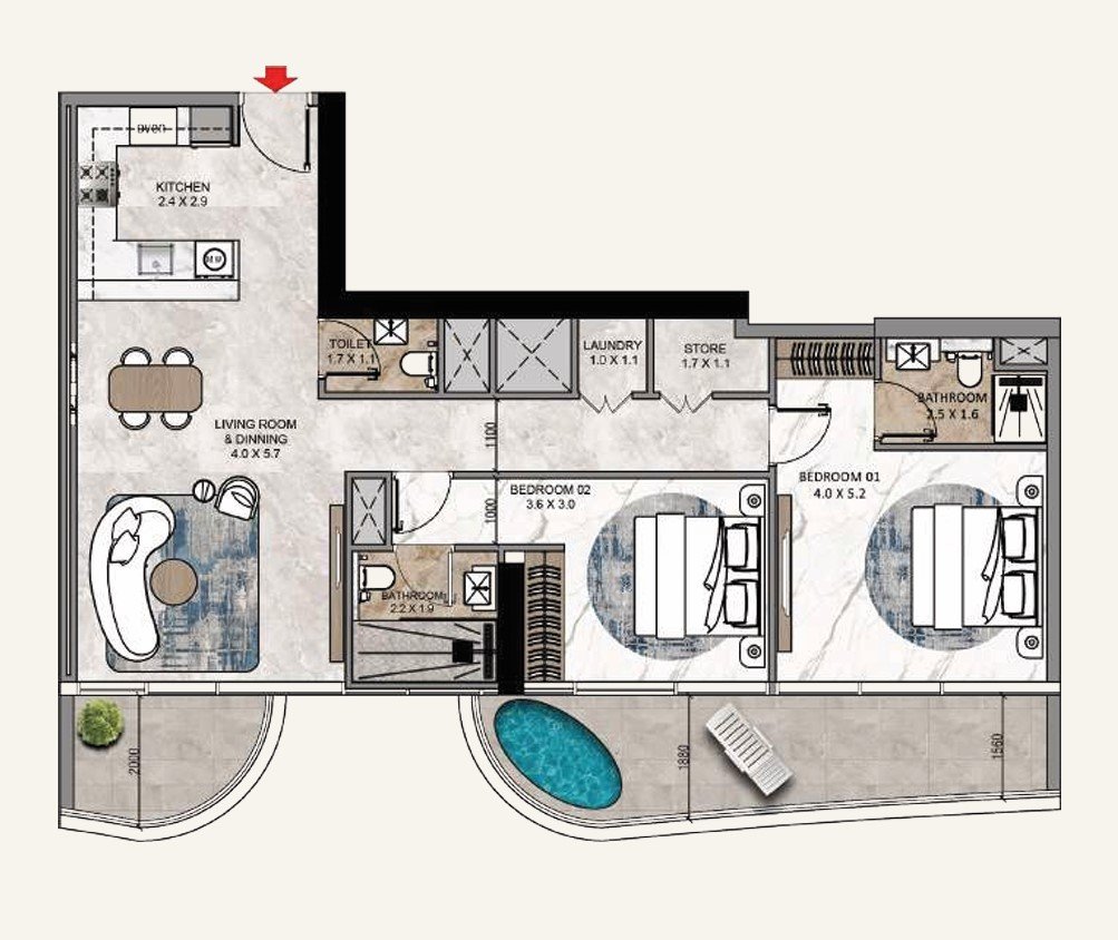 La Crystal 2 Bedroom Apartments floor plan 