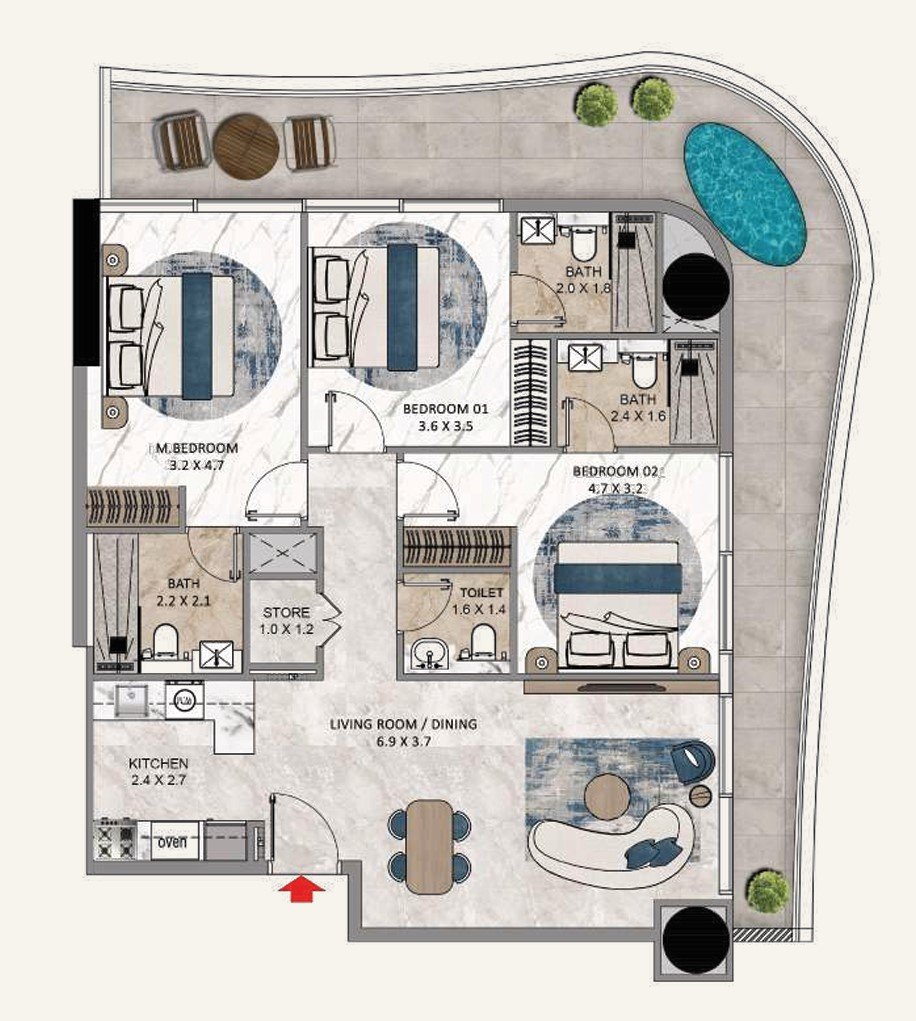 La Crystal 3 Bedroom Apartments floor plan 