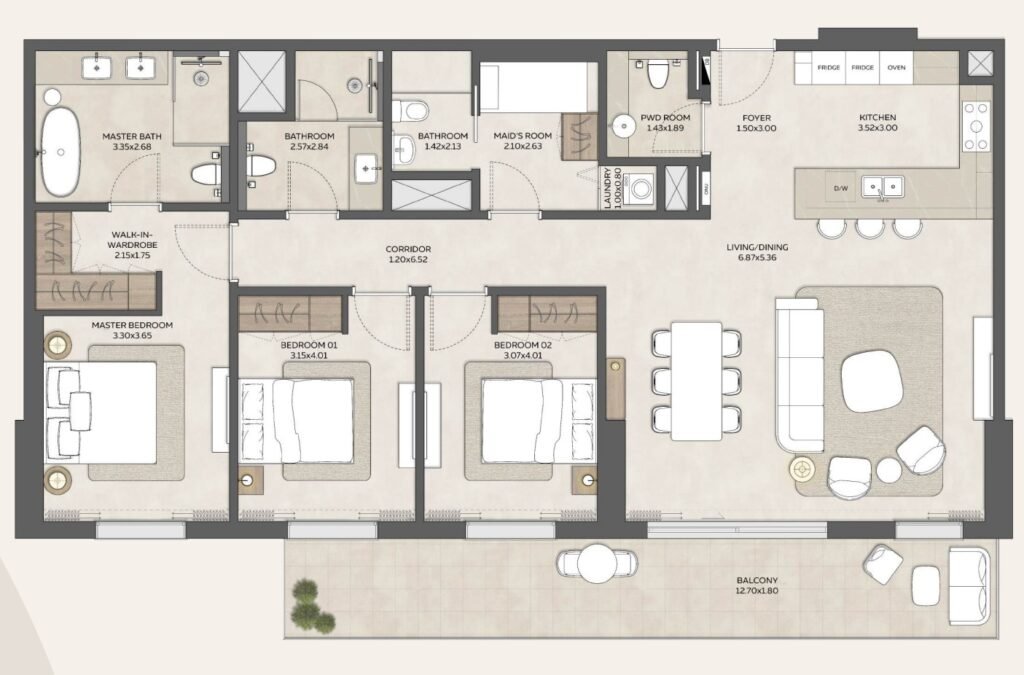 3-BR Apartments floor plan Ghadeer in Expo Valley Views